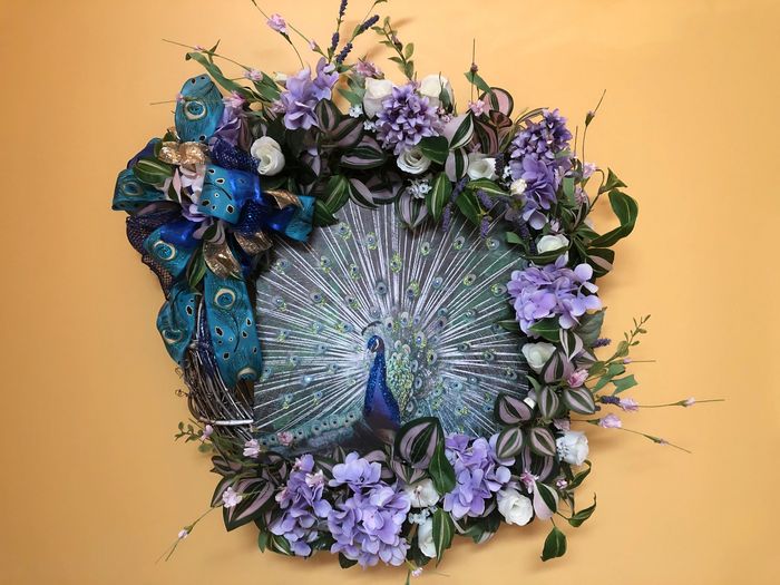 Large Indoor Grapevine. Painted canvas Peacock with Twinkle Lights