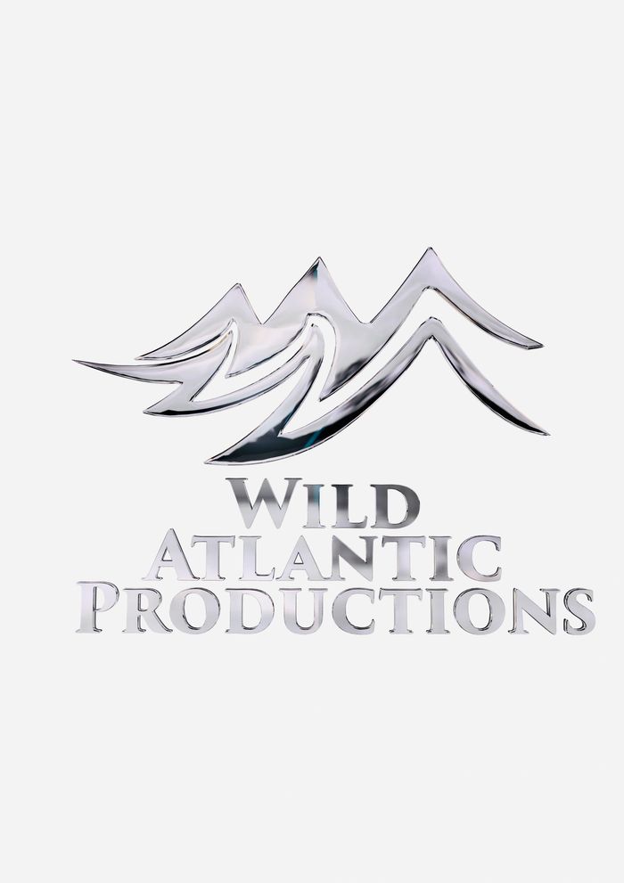 Wild Atlantic Productions logo = a silver logo of waves crashing against the mountainous shoreline.