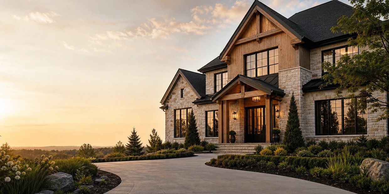 Elegant house with stone and wood exterior at sunset.