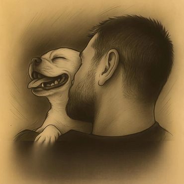 Portrait of a man with short hair holding his small dog who is smiling in his arms