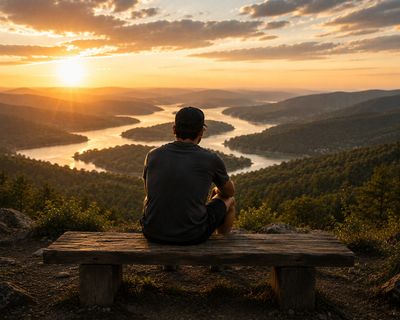 A person sitting on a bench at sunset, taking in a quiet, wide view of the river and hills.