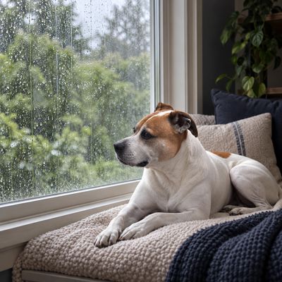 Dog staring outside rainy window