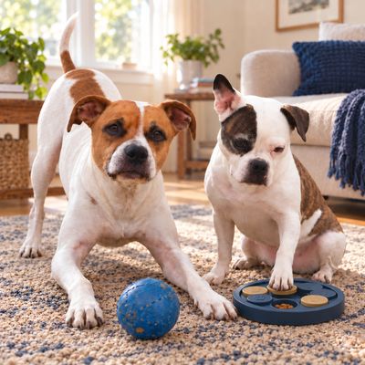 2 dogs in living room with a ball and puzzle
