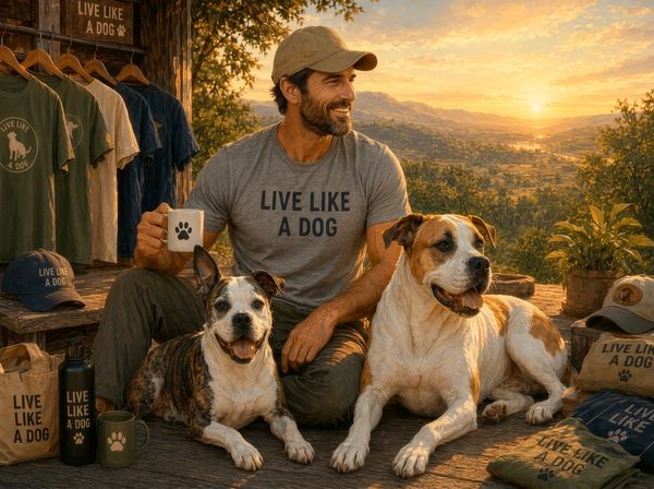 A man and woman in Live Like a Dog apparel with their two dogs — shop tees, caps, and accessories.