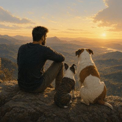 A man and his two dogs on a rocky ledge reflecting while overlooking a mountain valley.