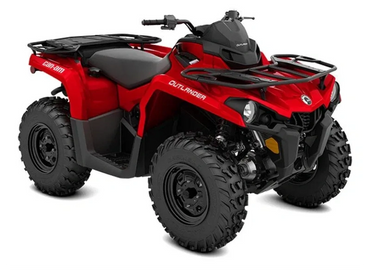A red Can-Am Outlander all-terrain vehicle with rugged tires and front and rear cargo racks.