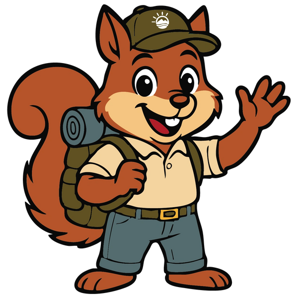 Cheerful cartoon squirrel wearing a hiking outfit and backpack, waving hello.