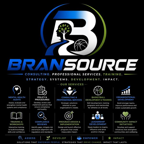 BranSource logo with consulting and training services focused on mental health and basketball development.