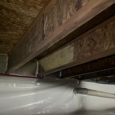 Close-up of crawl space floor joists after professional mold treatment and air sealing for improved