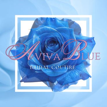 Elegant blue rose with 'Aviva Blue Bridal Couture' text overlay on a soft blue background.