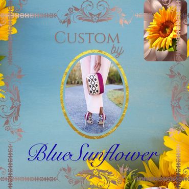 Elegant custom handbag and shoes by Blue Sunflower with sunflower-themed design.