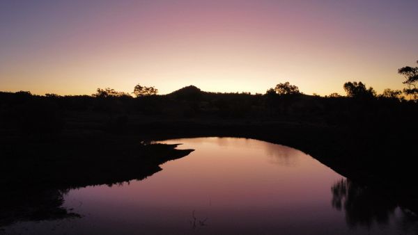 Serene sunset over a calm river with silhouetted trees.