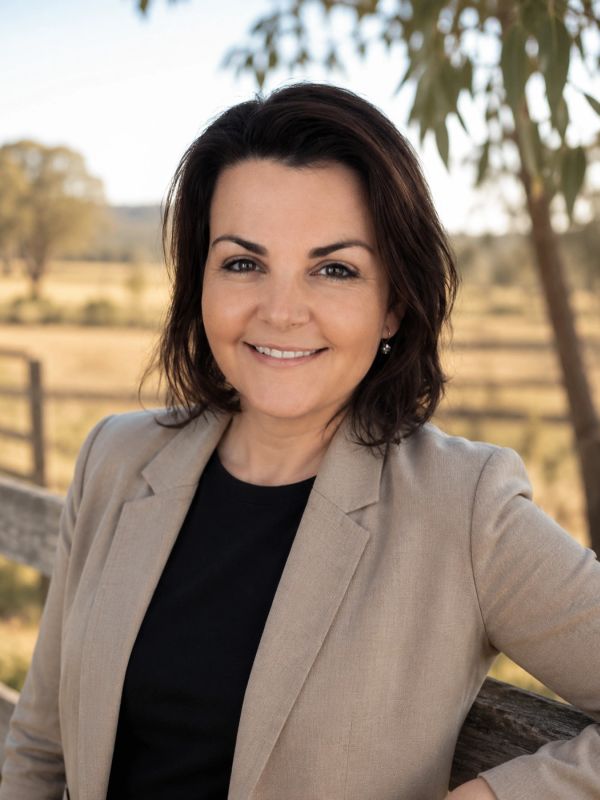 Smiling woman in beige blazer outdoors.