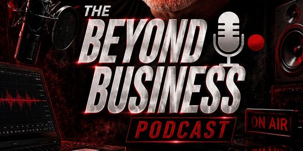 Podcast cover for 'The Beyond Business' with microphone and audio equipment.