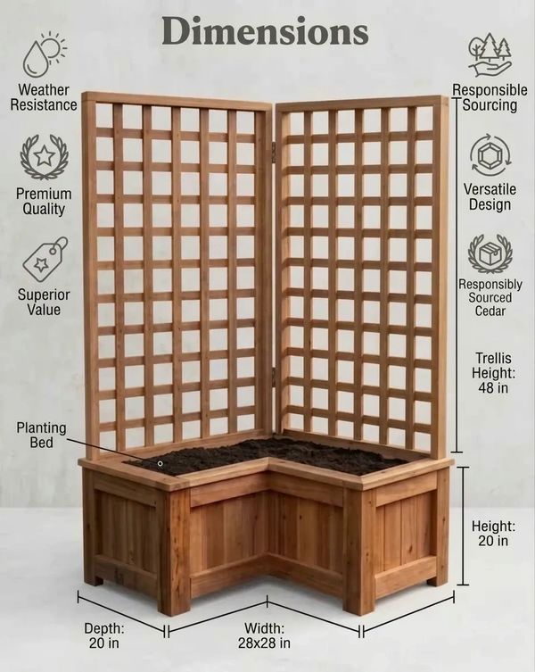 Wooden corner trellis planter with dimensions and quality features.