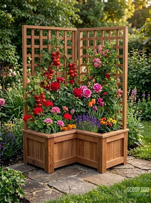 Wooden corner planter with flowers and tomatoes in a garden.