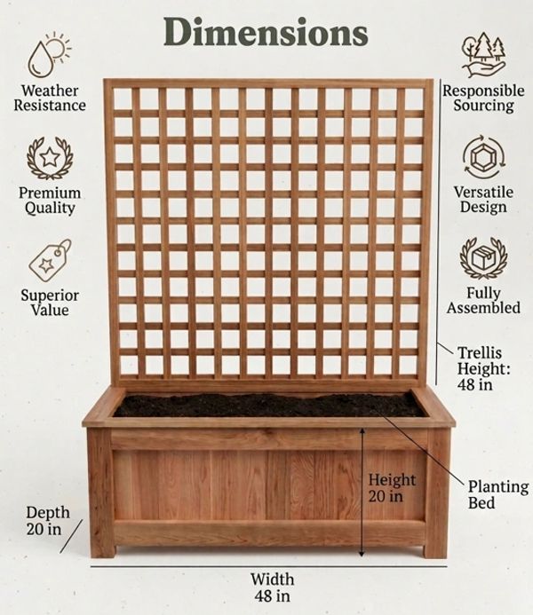 Wooden planter box with trellis, 48 inches wide and tall.