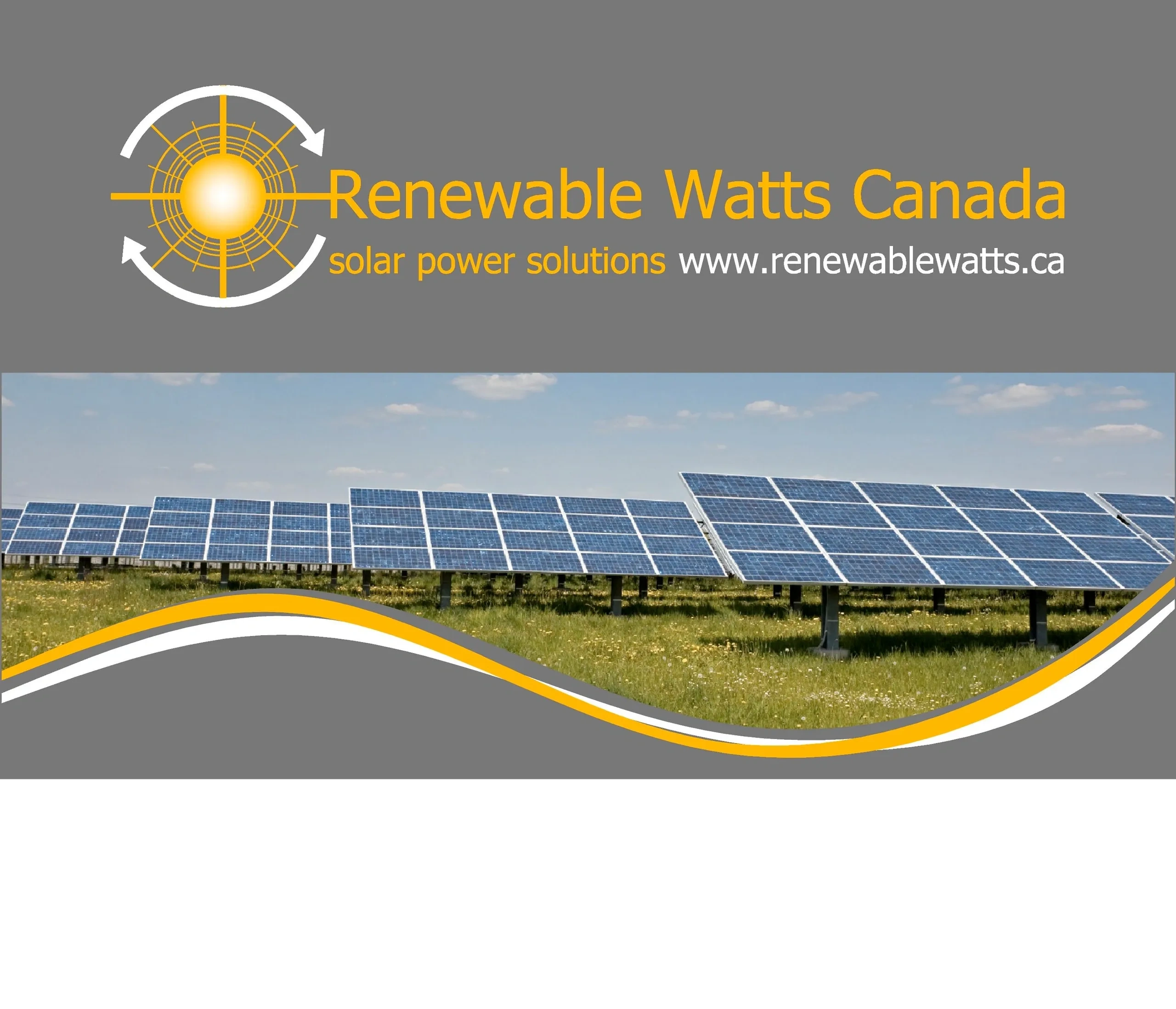 Renewable Watts Canada solar power solutions logo and solar panel field.