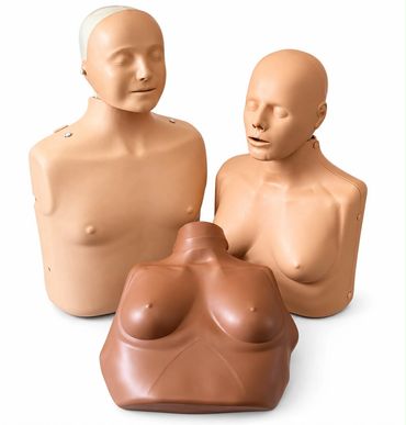 Male and female CPR mannequins with realistic skin textures.