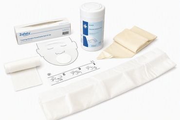 First aid dressings, bandages, face shields and wipes.