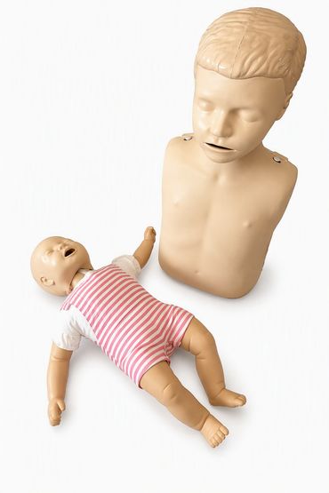 Infant and child CPR mannequins.