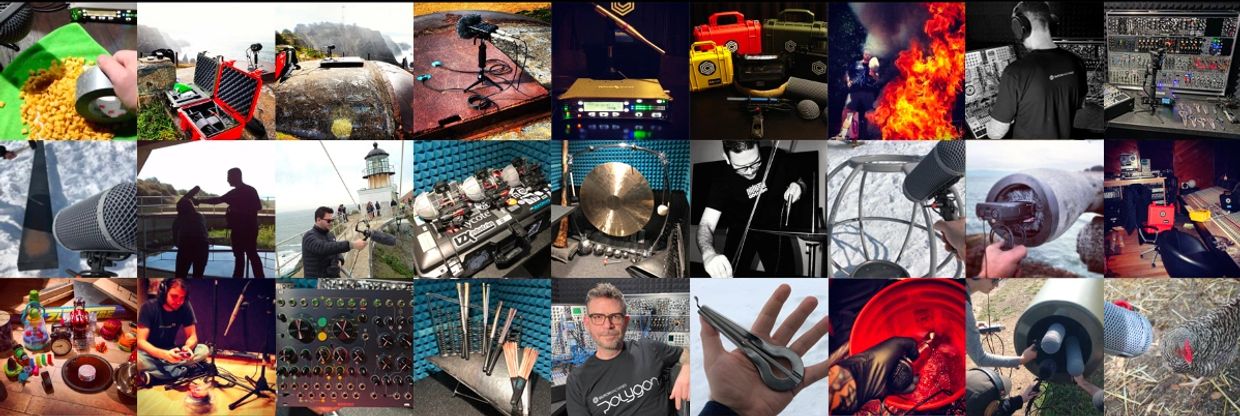 Collage of various sound recording and music production setups and activities.
