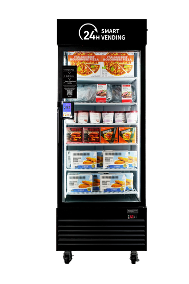 A 24-hour smart vending machine stocked with frozen food items like pizza, burgers, and snacks.