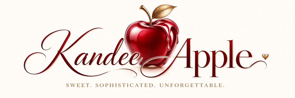 Logo with a glossy red apple and elegant text.