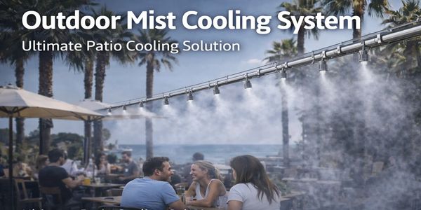 Outdoor mist cooling system spraying mist over a patio with people relaxing.