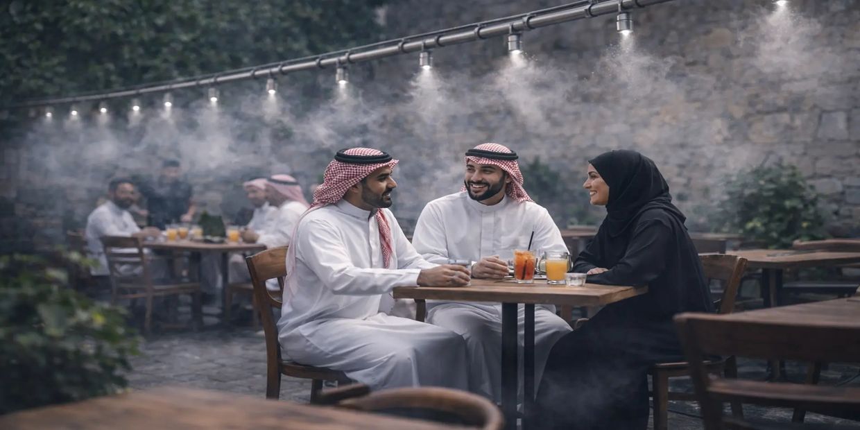 Group of Middle Eastern friends enjoying drinks and conversation outdoors at evening.