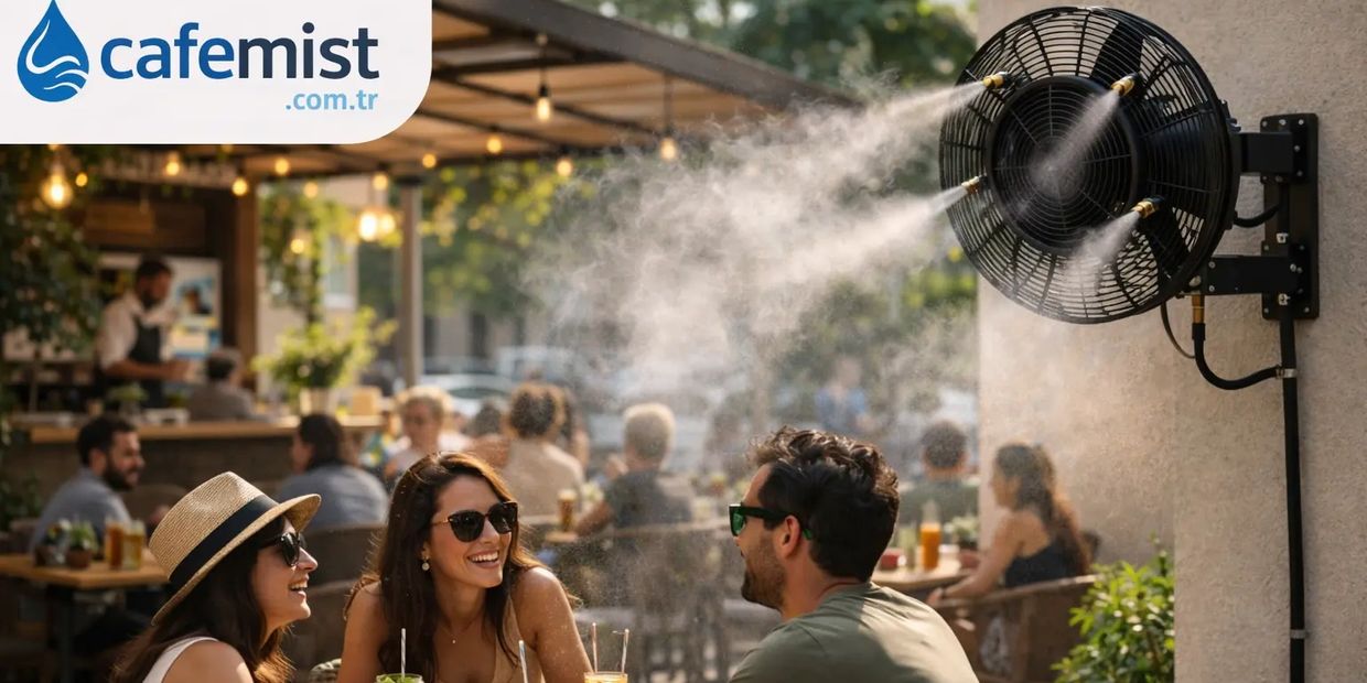 Outdoor café scene with people enjoying drinks under a misting fan on a sunny day.