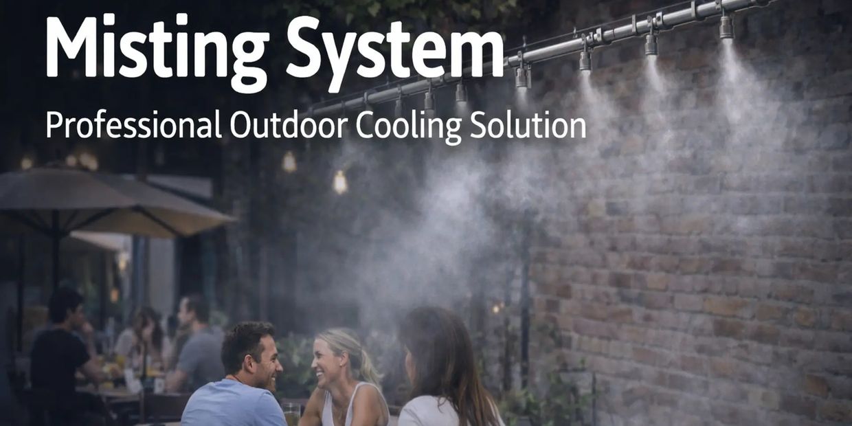 Outdoor misting system cooling people at a patio café.