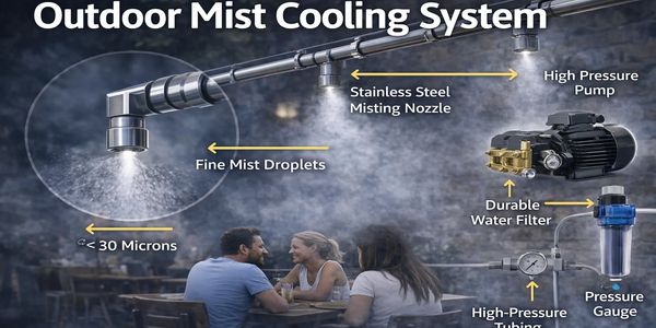 Outdoor mist cooling system with high-pressure pump and stainless steel misting nozzle.
