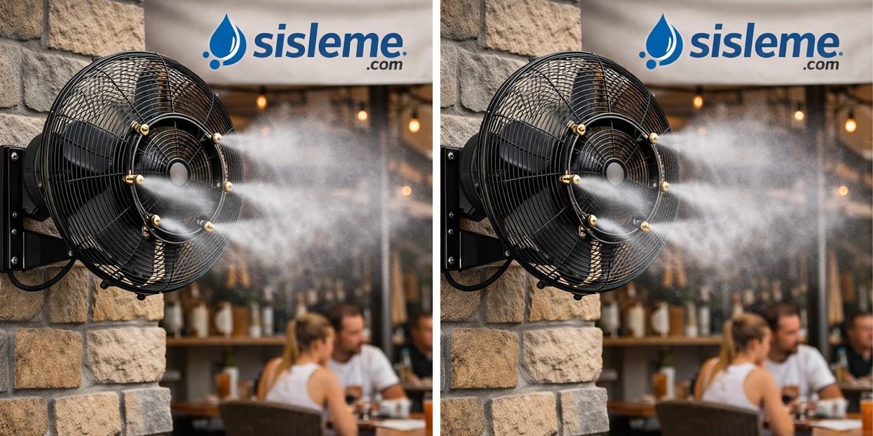 Wall-mounted misting fan cooling an outdoor dining area.