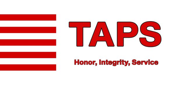 American flag with the word TAPS and the motto Honor, Integrity, Service.