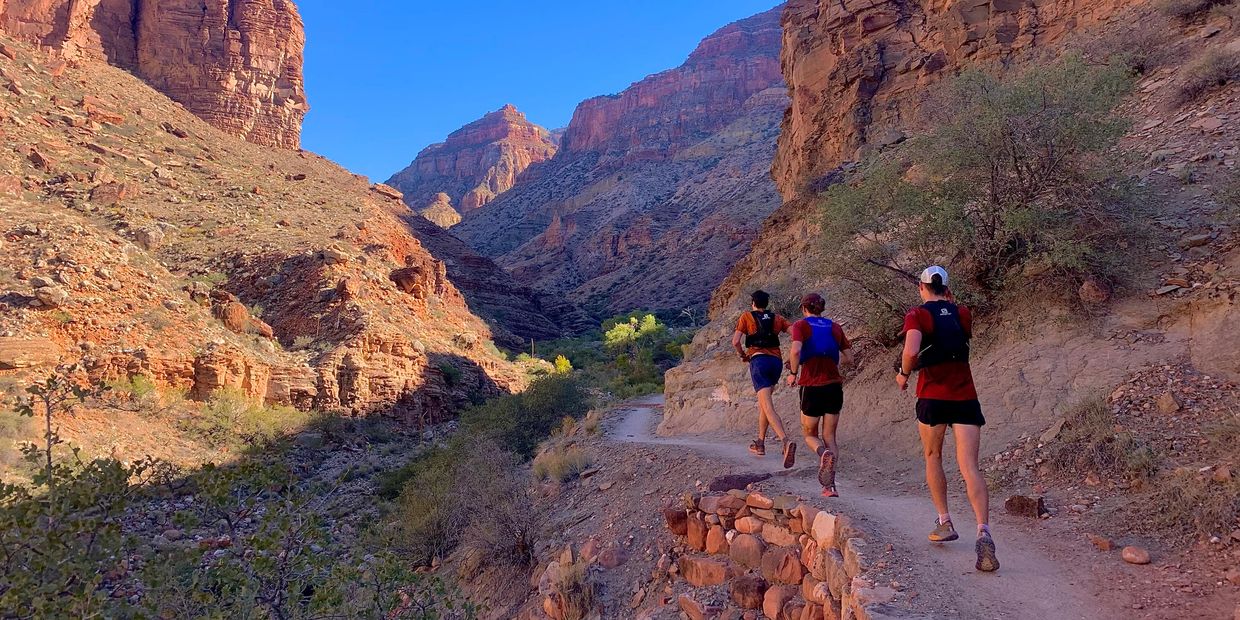 Trail running in the Grand Canyon on North Kaibab trail. 