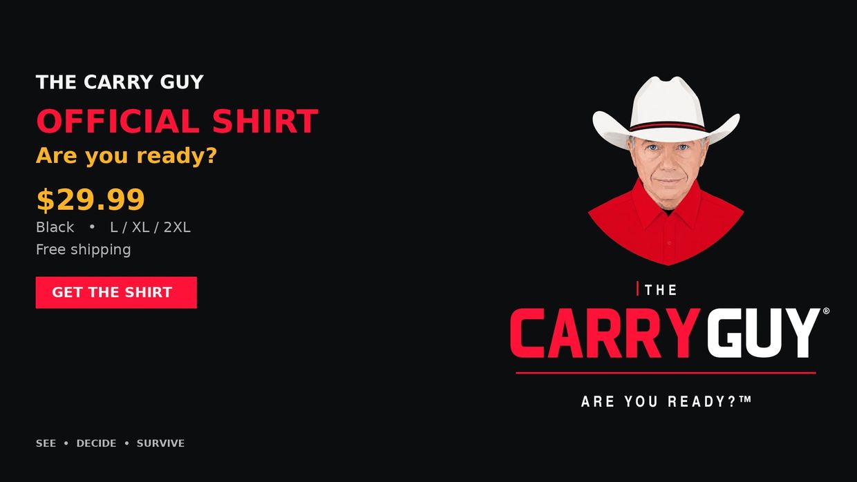 Advertisement for The Carry Guy official shirt with price and sizes.