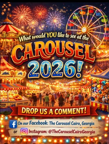 Colorful carnival scene with fireworks, rides, and festive lights inviting comments for Carousel 2026.