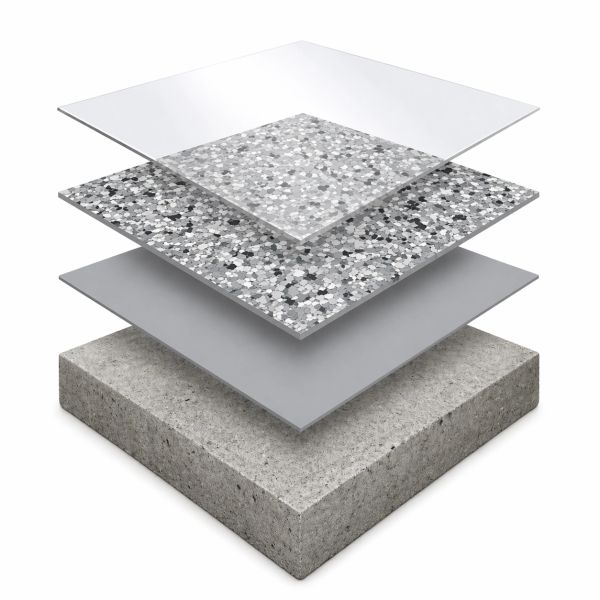 Four-layer material structure showing different textures and colors.
