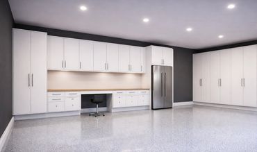 White garage cabinets with clean modern storage layout