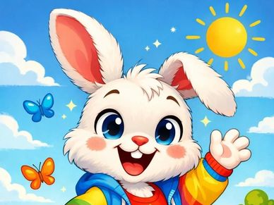 Happy cartoon bunny waving with butterflies and a sunny sky.