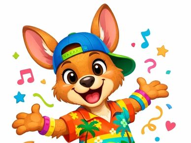 Happy cartoon dog wearing a colorful shirt and blue cap.