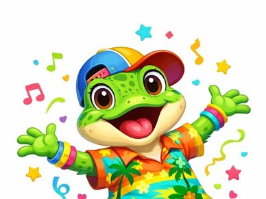Cheerful cartoon frog wearing a colorful shirt and cap with musical notes around.