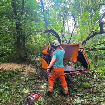 Worker operating a wood chipper in a forest clearing.