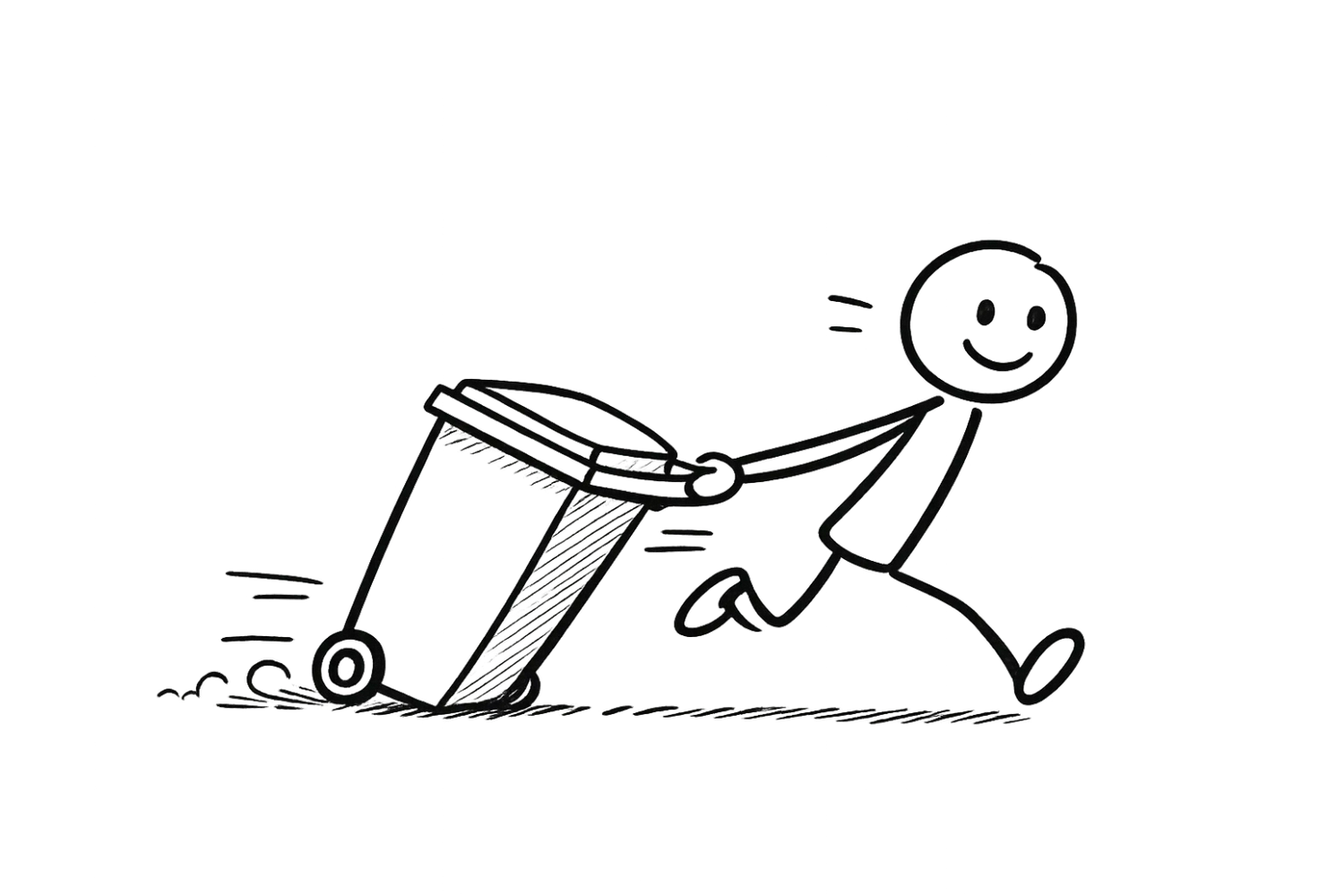 Happy stick figure pulling a trash bin on wheels.