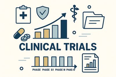 Illustration showing clinical trials phases with medical icons and progress charts.