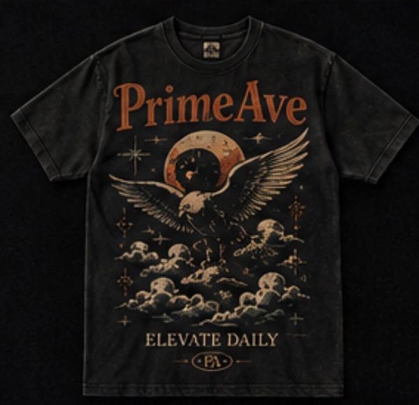 Black t-shirt with eagle graphic and "PrimeAve" text.