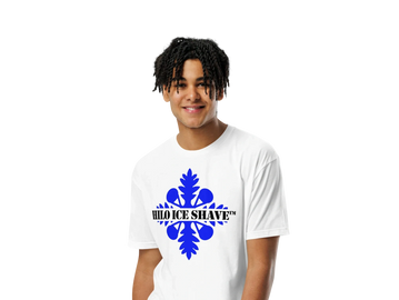 Young man wearing a white t-shirt with a blue 'Hilo Ice Shave' logo.