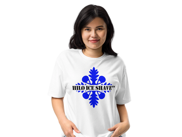 Woman wearing a white T-shirt with a blue snowflake design and 'Hilo Ice Shave' text.