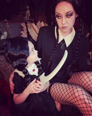 Mom and daughter Wednesday Addams costume